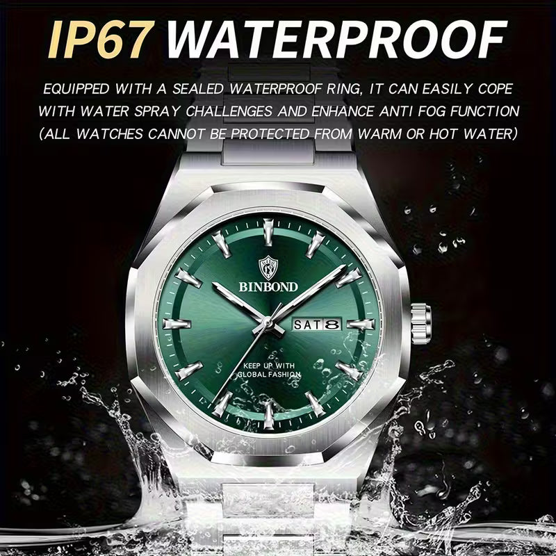 ساعة BINBOND كوارتز تناظرية فاخرة مع ضوء ليلي وعقارب مضيئة، وهيكل من السبائك ومينا أخضر - ساعة أنيقة للرجال والنساء