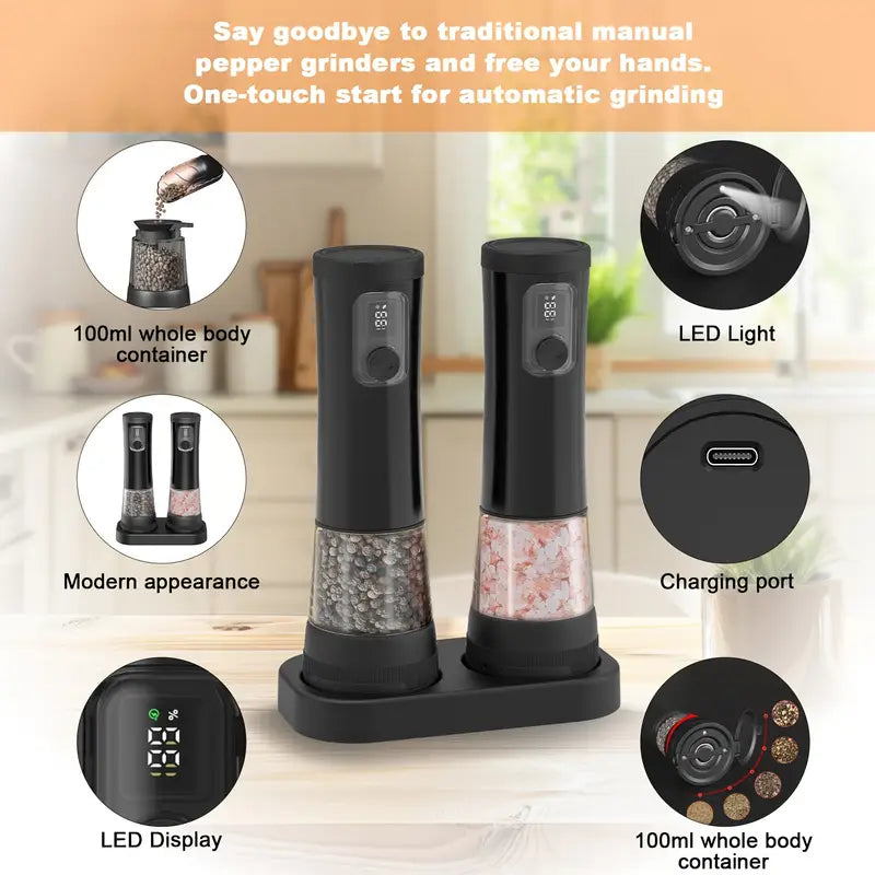 مجموعة مطحنة الملح والفلفل الكهربائية - قابلة لإعادة الشحن عبر USB - طراز عصري متين - درجة خشونة قابلة للتعديل مع ضوء LED،