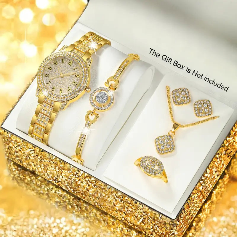 مجموعة من 6 قطع من الساعات والمجوهرات النسائية الفاخرة المطلية بالذهب