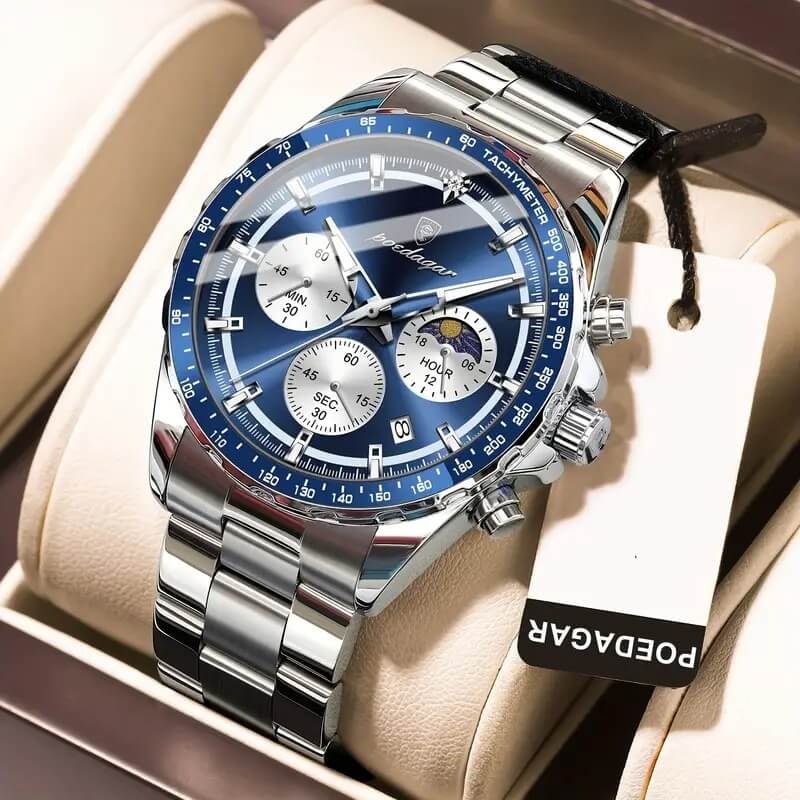 ساعة POEDAGAR الجديدة المقاومة للماء والمضيئة المصنوعة من الفولاذ المقاوم للصدأ كرونوغراف كوارتز