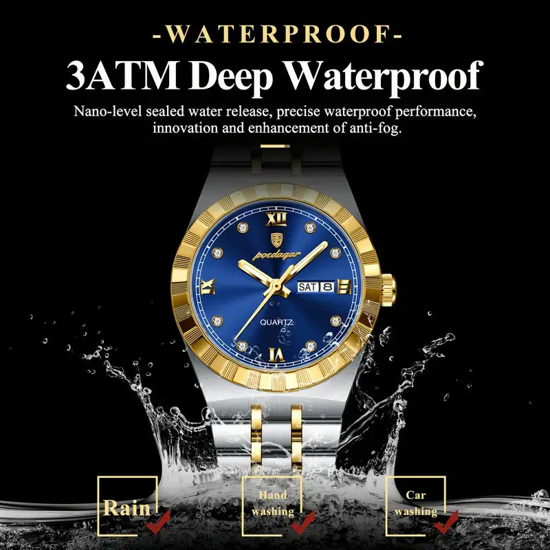 ساعة POEDAGAR النسائية الفاخرة بمينا أزرق وسوار من الفولاذ المقاوم للصدأ باللونين الذهبي والفضي