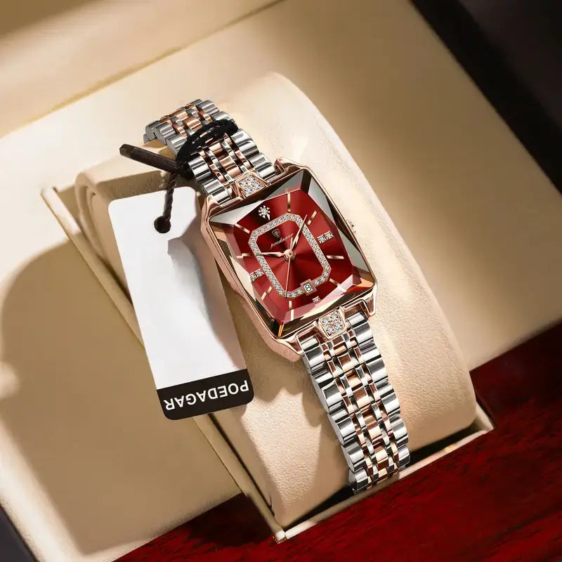 ساعة POEDAGAR النسائية الفاخرة المستطيلة - مينا أحمر، ستانلس ستيل ثنائي اللون