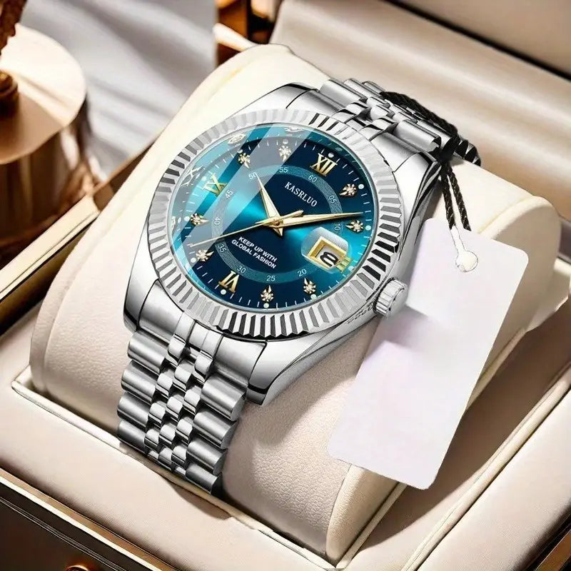 Men’s Luxury Quartz Watch – Blue Dial with Golden Accents