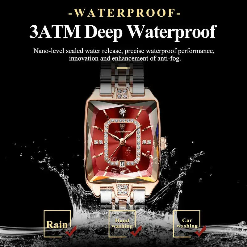 ساعة POEDAGAR النسائية الفاخرة المستطيلة - مينا أحمر، ستانلس ستيل ثنائي اللون