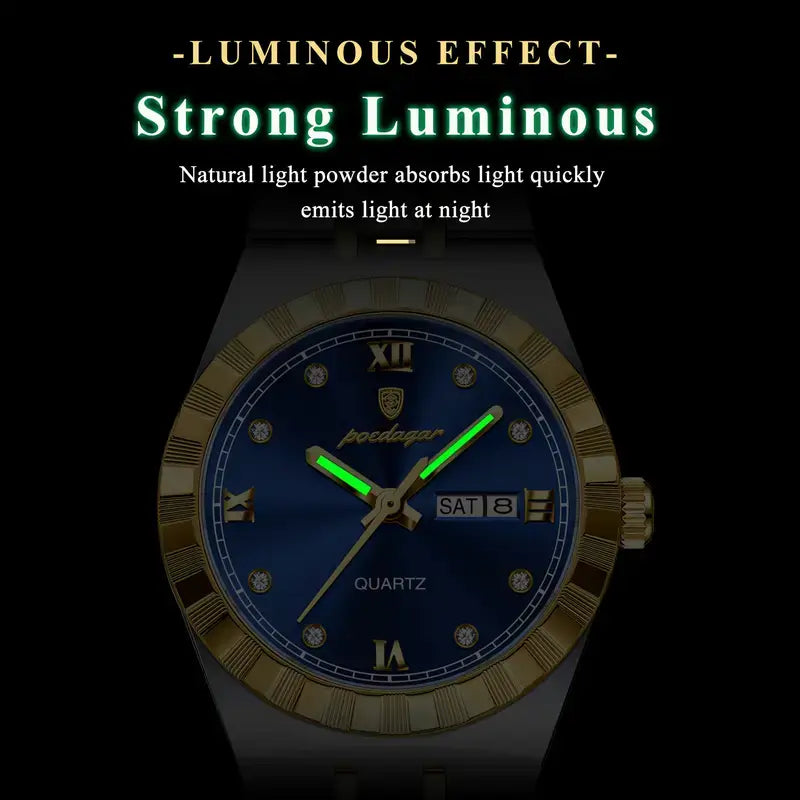 ساعة POEDAGAR النسائية الفاخرة بمينا أزرق وسوار من الفولاذ المقاوم للصدأ باللونين الذهبي والفضي