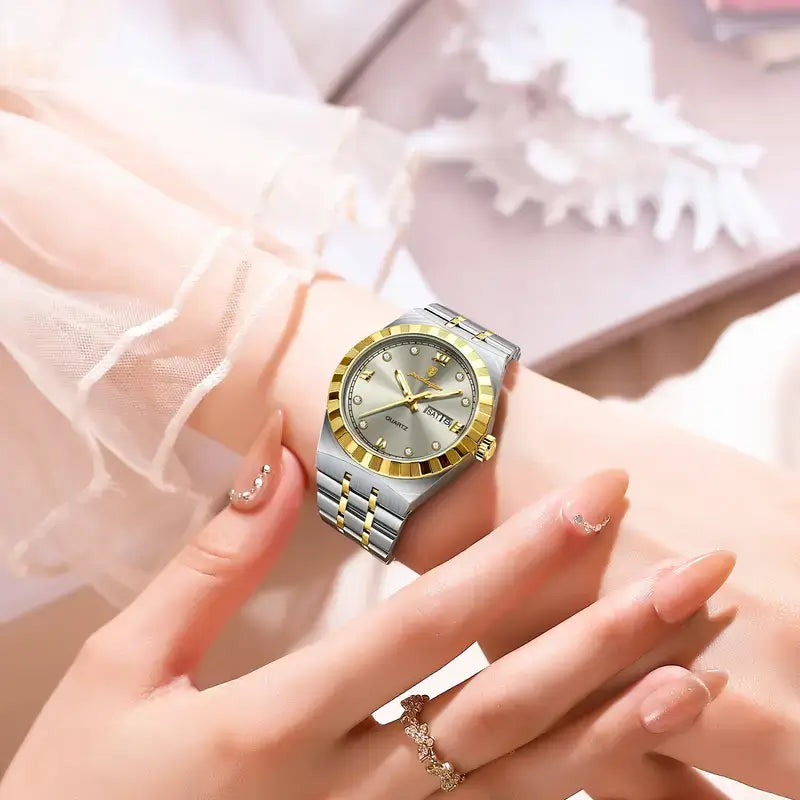 ساعة كوارتز فاخرة للنساء من POEDAGAR - مصنوعة من الفولاذ المقاوم للصدأ ثنائي اللون مع عرض التاريخ واليوم