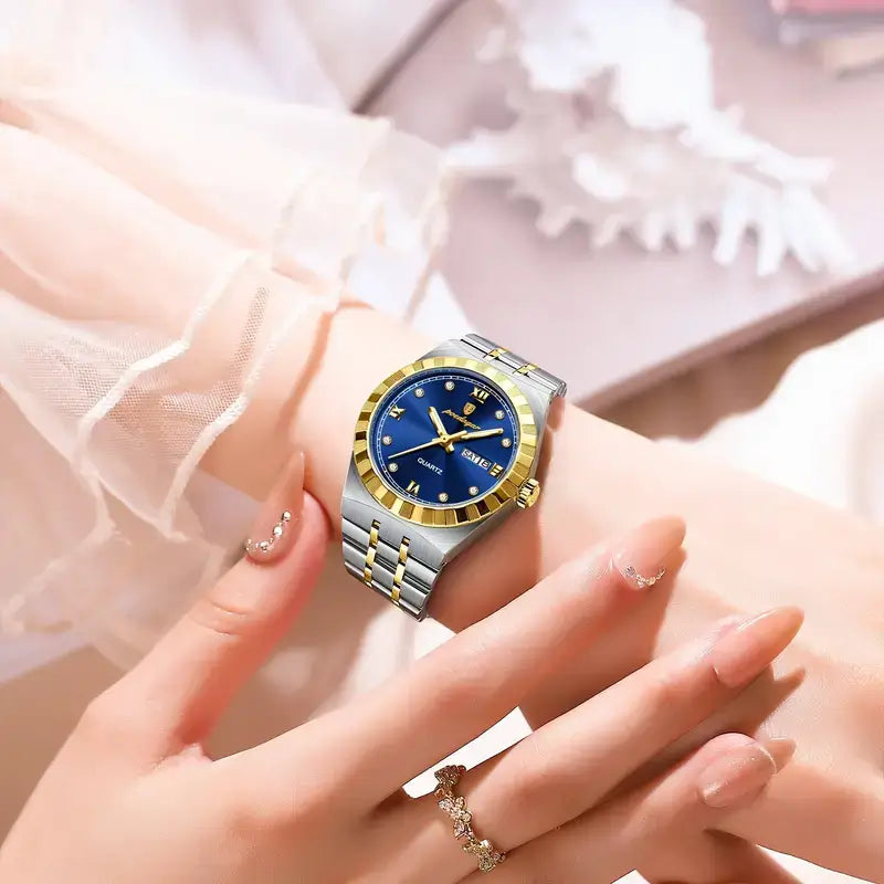 ساعة POEDAGAR النسائية الفاخرة بمينا أزرق وسوار من الفولاذ المقاوم للصدأ باللونين الذهبي والفضي