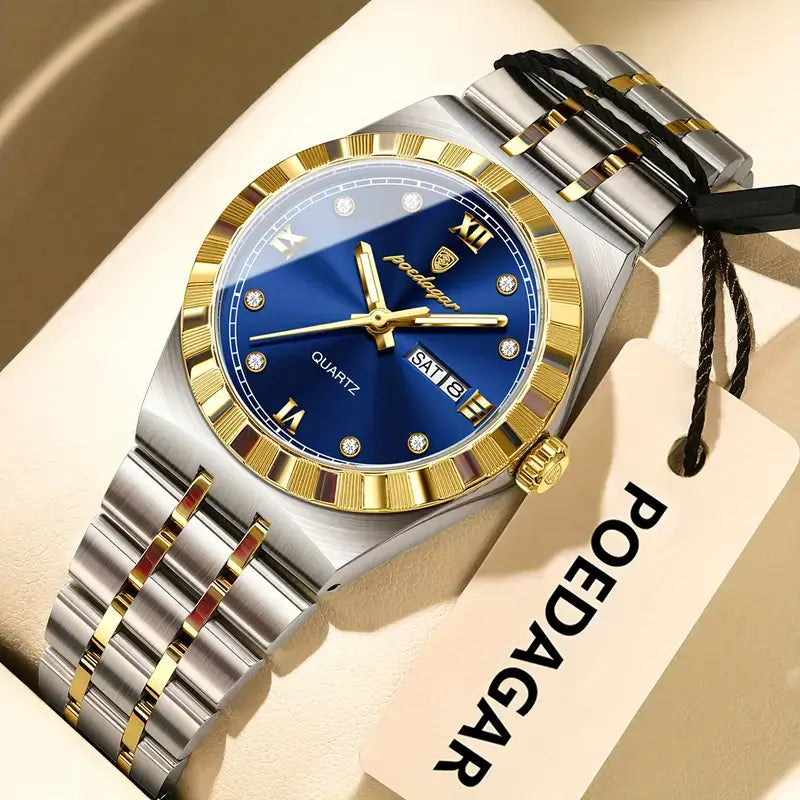 ساعة POEDAGAR النسائية الفاخرة بمينا أزرق وسوار من الفولاذ المقاوم للصدأ باللونين الذهبي والفضي