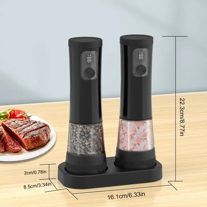 مجموعة مطحنة الملح والفلفل الكهربائية - قابلة لإعادة الشحن عبر USB - طراز عصري متين - درجة خشونة قابلة للتعديل مع ضوء LED،