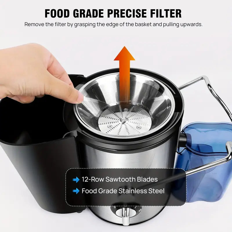 عصارة قوية من الفولاذ المقاوم للصدأ. مصممة بفتحة تغذية واسعة، تُمكّنها من التعامل بسهولة مع الفواكه والخضراوات كاملةً دون الحاجة إلى تقطيعها مسبقًا.