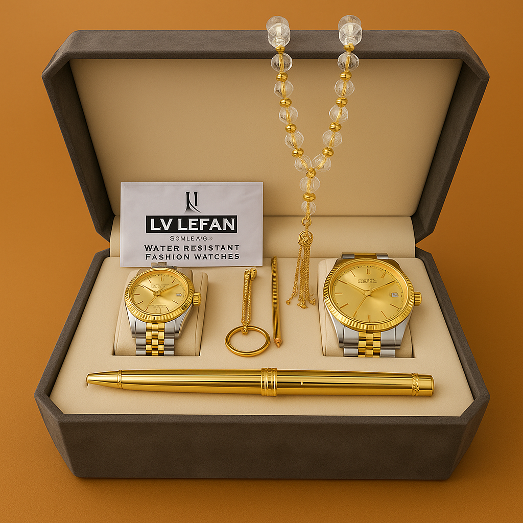 طقم رجالي من الفولاذ المقاوم للصدأ: ساعة، مسبحة، قلم، وأزرار أكمام