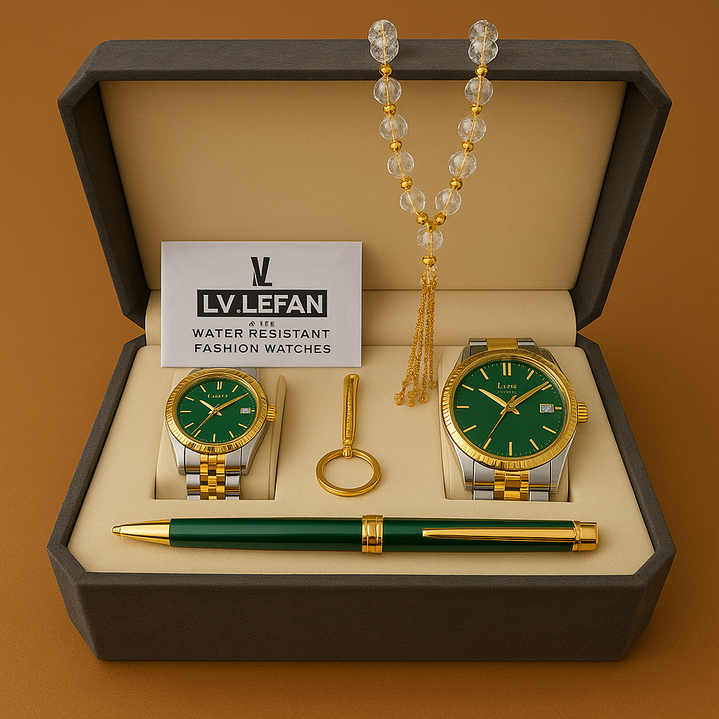 طقم رجالي من الفولاذ المقاوم للصدأ: ساعة، مسبحة، قلم، وأزرار أكمام