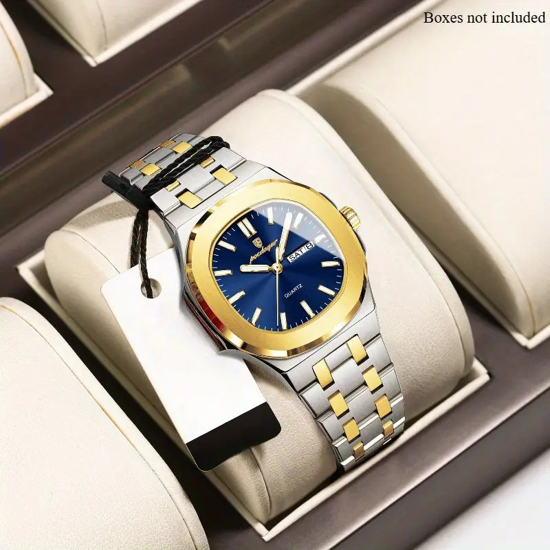 قم بترقية مظهرك مع هذه الساعة الرجالية الفاخرة ثنائية اللون والتي تعمل بالكوارتز، والتي تجمع بين الرقي الخالد والتصميم العصري.