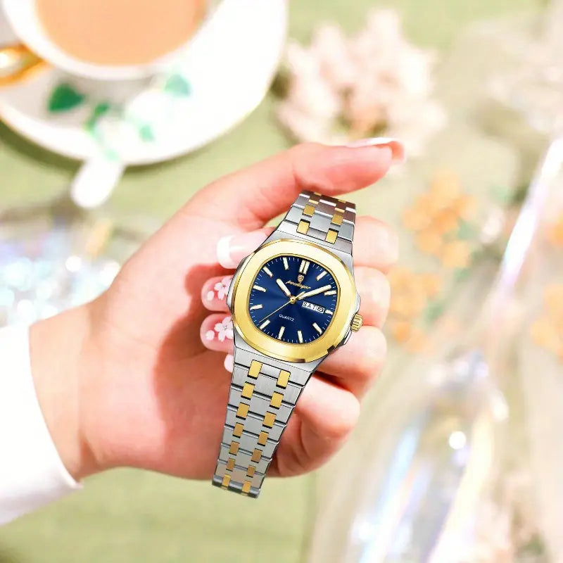 قم بترقية مظهرك مع هذه الساعة الرجالية الفاخرة ثنائية اللون والتي تعمل بالكوارتز، والتي تجمع بين الرقي الخالد والتصميم العصري.