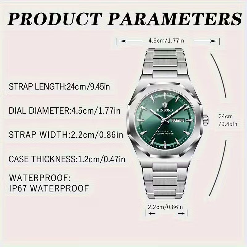 ساعة BINBOND كوارتز تناظرية فاخرة مع ضوء ليلي وعقارب مضيئة، وهيكل من السبائك ومينا أخضر - ساعة أنيقة للرجال والنساء
