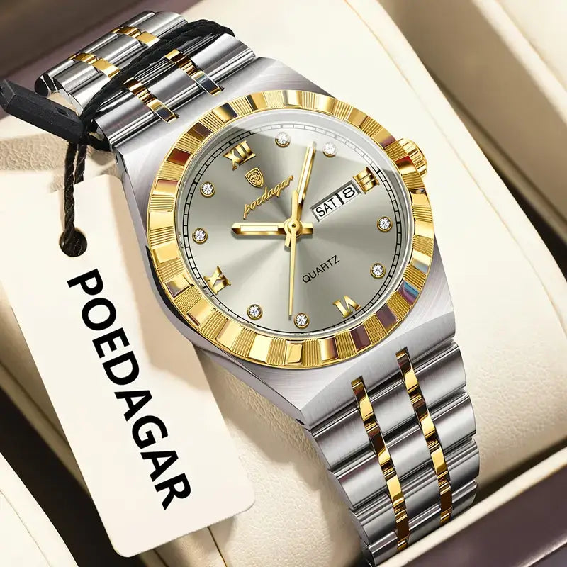 POEDAGAR Women's Luxury Quartz Watch – Two-Tone Stainless Steel with Date & Day Display