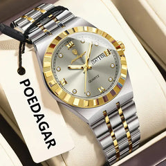 POEDAGAR Women's Luxury Quartz Watch – Two-Tone Stainless Steel with Date & Day Display