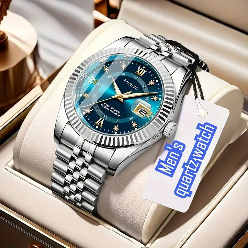 Men’s Luxury Quartz Watch – Blue Dial with Golden Accents