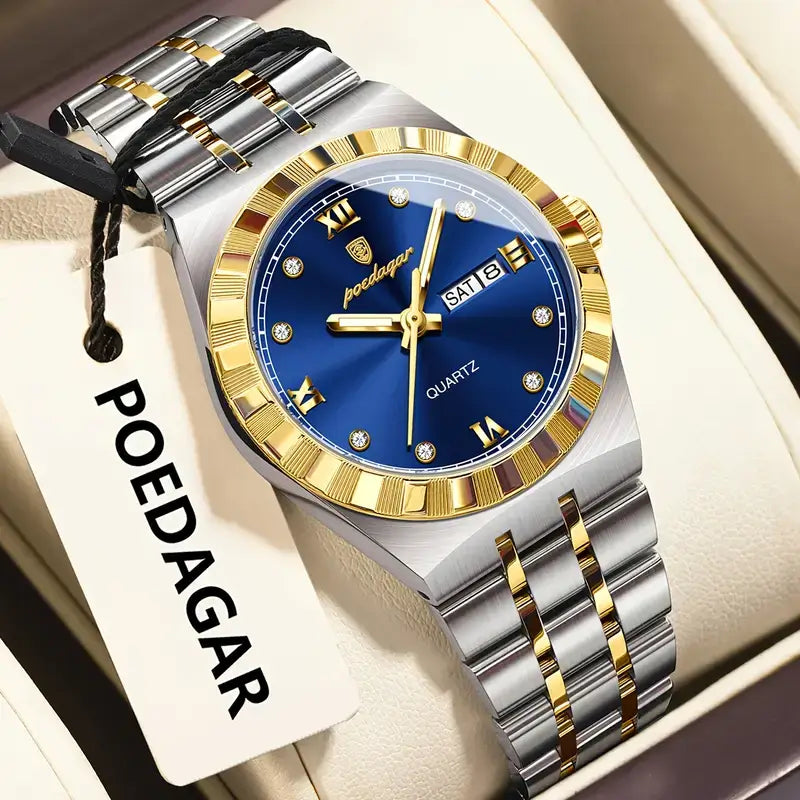 ساعة POEDAGAR النسائية الفاخرة بمينا أزرق وسوار من الفولاذ المقاوم للصدأ باللونين الذهبي والفضي