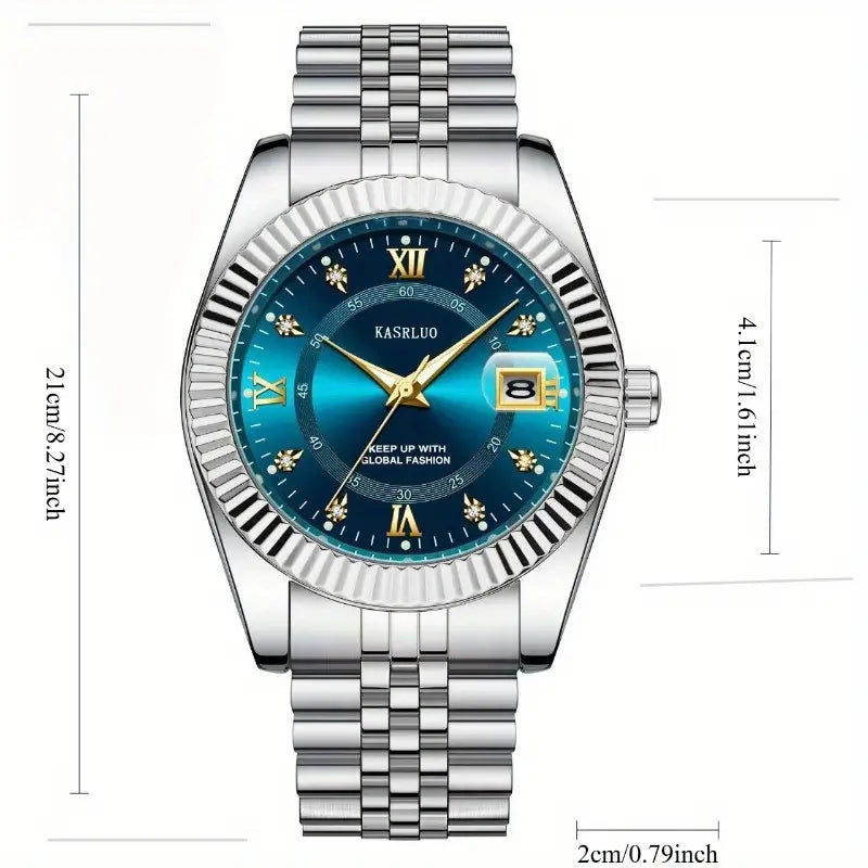 Men’s Luxury Quartz Watch – Blue Dial with Golden Accents