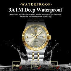POEDAGAR Women's Luxury Quartz Watch – Two-Tone Stainless Steel with Date & Day Display