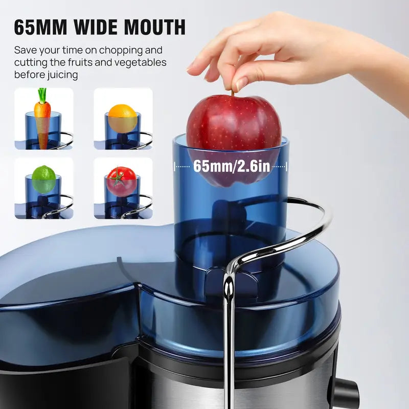 عصارة قوية من الفولاذ المقاوم للصدأ. مصممة بفتحة تغذية واسعة، تُمكّنها من التعامل بسهولة مع الفواكه والخضراوات كاملةً دون الحاجة إلى تقطيعها مسبقًا.