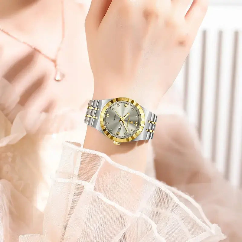 ساعة كوارتز فاخرة للنساء من POEDAGAR - مصنوعة من الفولاذ المقاوم للصدأ ثنائي اللون مع عرض التاريخ واليوم