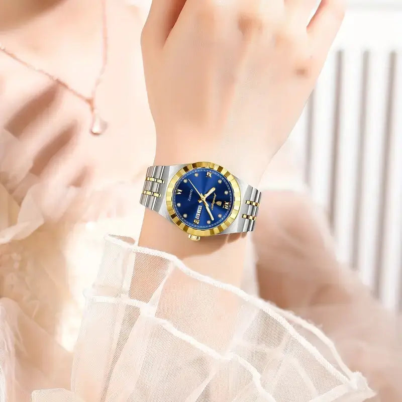 ساعة POEDAGAR النسائية الفاخرة بمينا أزرق وسوار من الفولاذ المقاوم للصدأ باللونين الذهبي والفضي