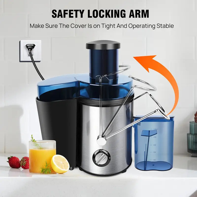 عصارة قوية من الفولاذ المقاوم للصدأ. مصممة بفتحة تغذية واسعة، تُمكّنها من التعامل بسهولة مع الفواكه والخضراوات كاملةً دون الحاجة إلى تقطيعها مسبقًا.