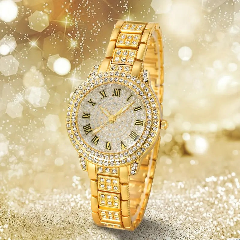 مجموعة من 6 قطع من الساعات والمجوهرات النسائية الفاخرة المطلية بالذهب