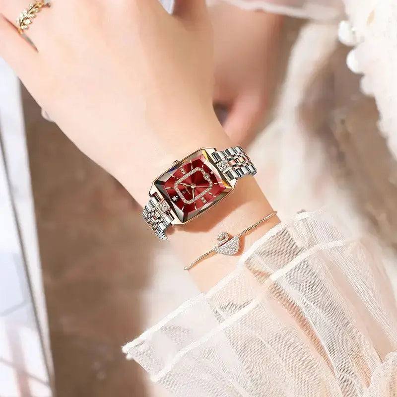 POEDAGAR Women's Luxury Rectangular Watch – Red Dial, Two-Tone Stainless Steel