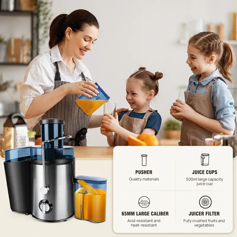 عصارة قوية من الفولاذ المقاوم للصدأ. مصممة بفتحة تغذية واسعة، تُمكّنها من التعامل بسهولة مع الفواكه والخضراوات كاملةً دون الحاجة إلى تقطيعها مسبقًا.