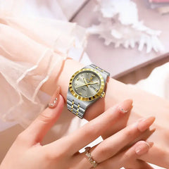 POEDAGAR Women's Luxury Quartz Watch – Two-Tone Stainless Steel with Date & Day Display