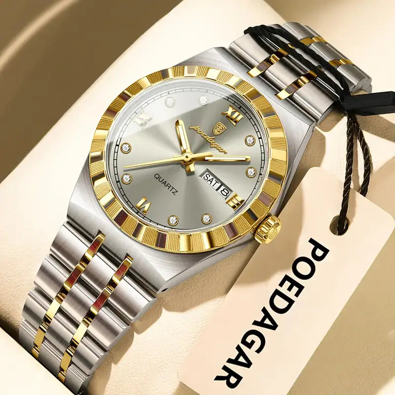 ساعة كوارتز فاخرة للنساء من POEDAGAR - مصنوعة من الفولاذ المقاوم للصدأ ثنائي اللون مع عرض التاريخ واليوم