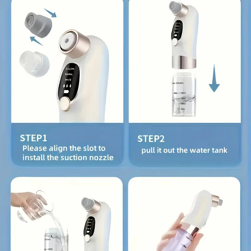 جهاز كهربائي لإزالة الرؤوس السوداء يعمل بمنفذ USB مع كابل USB - أداة تنظيف عميق للمسام مع أوضاع شفط 4 في 1، ومقبض مريح وشاشة رقمية - منظف وجه صغير الحجم وقابل للحمل للمنزل/السفر - للرجال والنساء