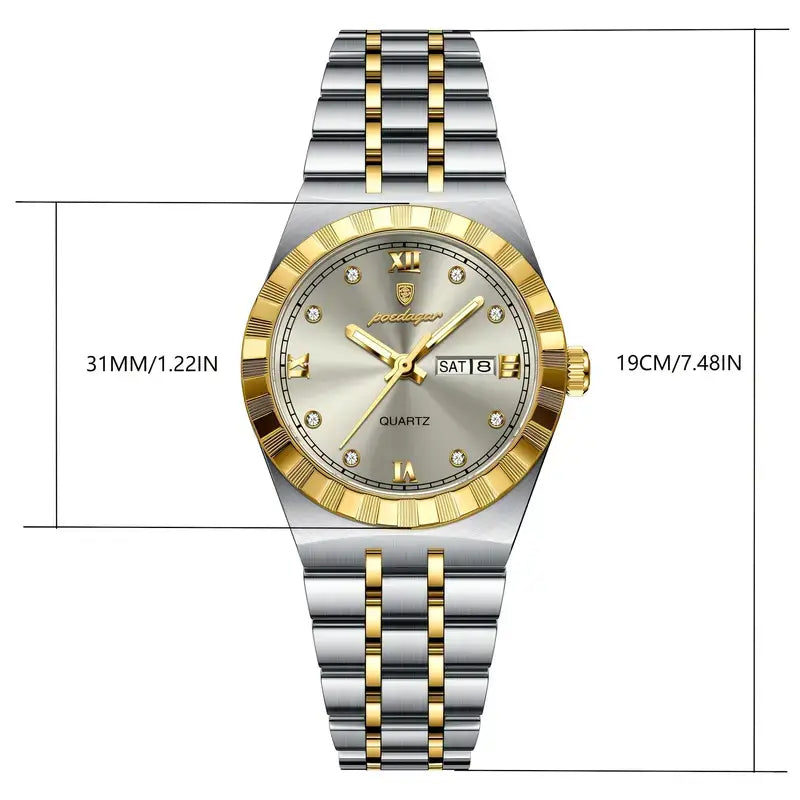 POEDAGAR Women's Luxury Quartz Watch – Two-Tone Stainless Steel with Date & Day Display