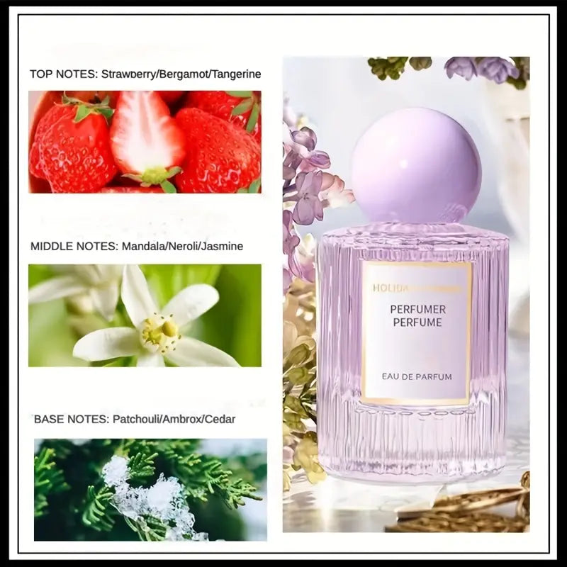 عطر هوليداي بيرفيومر للنساء - رائحة زهرية وفاكهية، عطر منعش يدوم طويلاً، زجاجة أنيقة من الزجاج الأرجواني مع ملصق ذهبي،