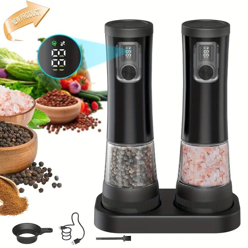 مجموعة مطحنة الملح والفلفل الكهربائية - قابلة لإعادة الشحن عبر USB - طراز عصري متين - درجة خشونة قابلة للتعديل مع ضوء LED،